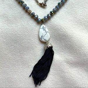 Fashion statement necklace, grey,blue,silver&white